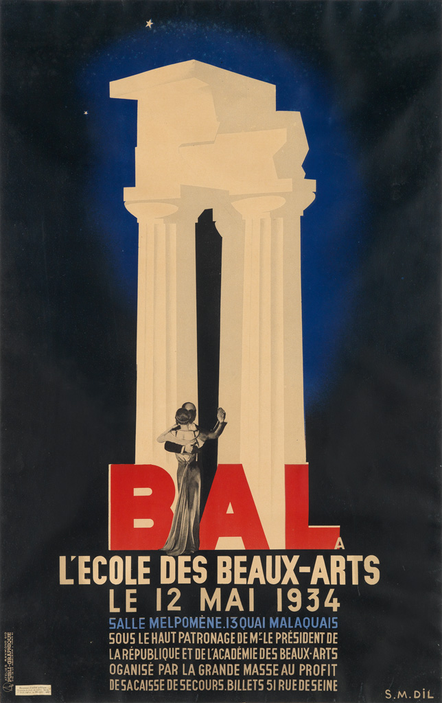 S.M. DIL (LOUIS MALAVIEILLE, 1907-?). BAL A LECOLE DES BEAUX - ARTS. 1934. 46x29 inches, 117x74 cm. Atelier Raymond Gid Publi-Graphiqu
